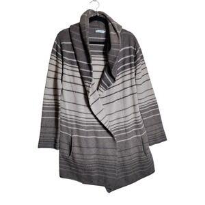 Vince Wool Yak Blend Striped Shawl Collar Open Front Cardigan Sweater Tan Sn